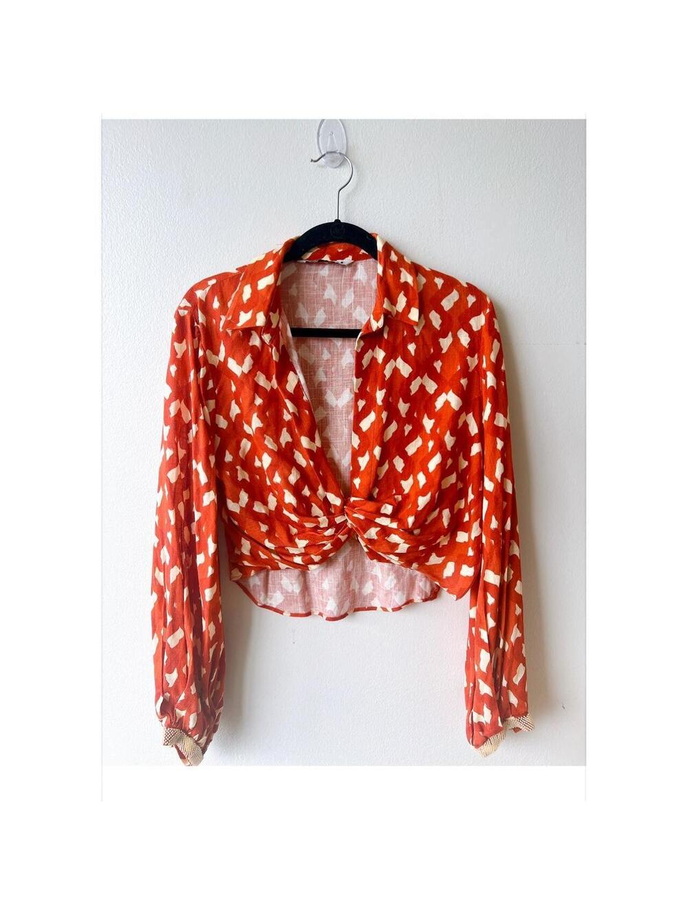 Zara Red and white geometric print blouse with a twist front